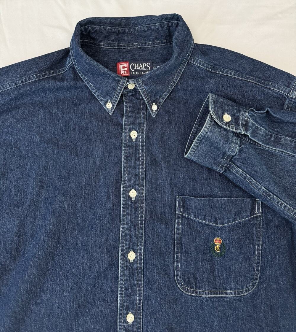 Vintage Chaps Ralph Lauren Denim Shirt XL Crest Logo Button Down Preppy 90s